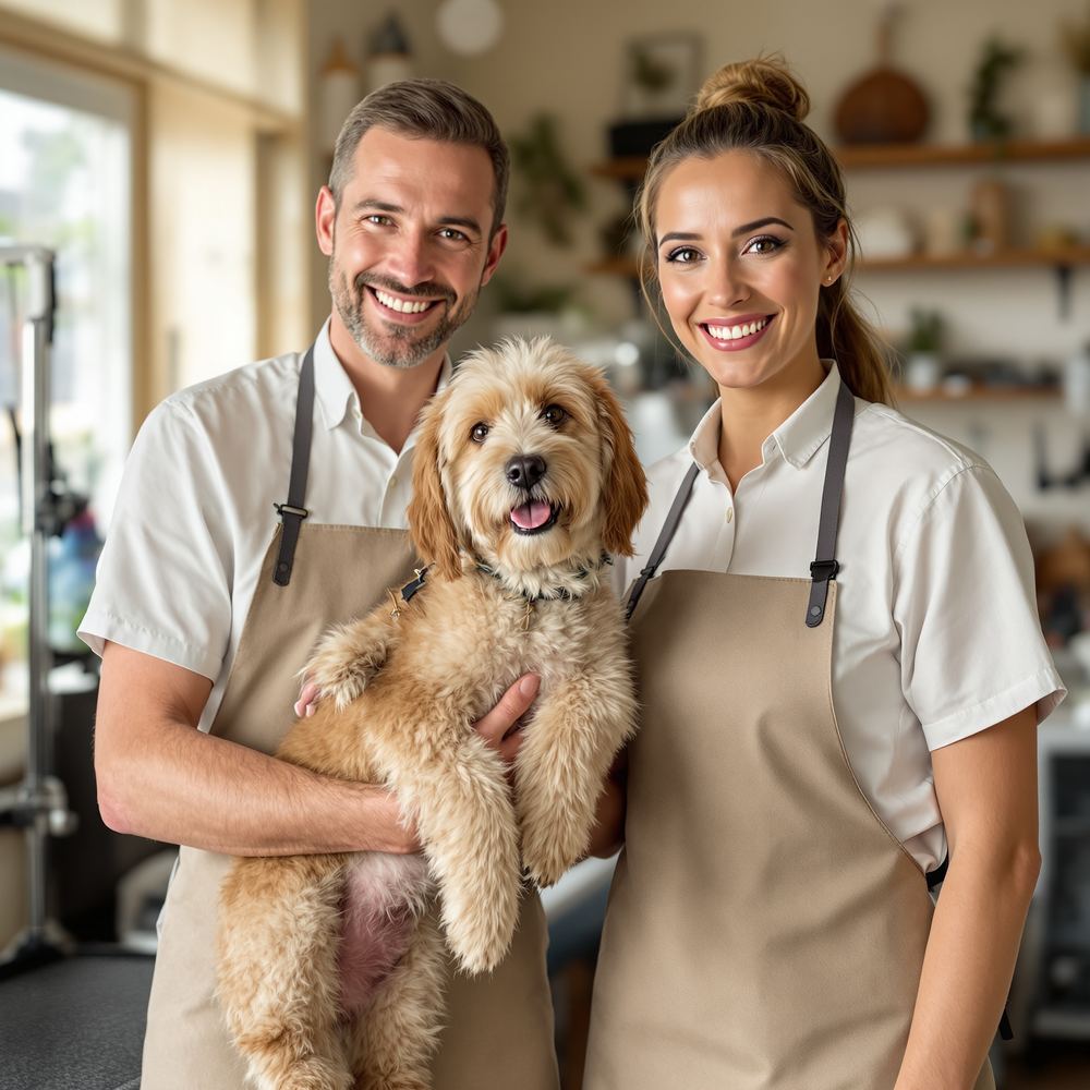 The Muddy Paws grooming team with a dog in their Cortez, Colorado shop