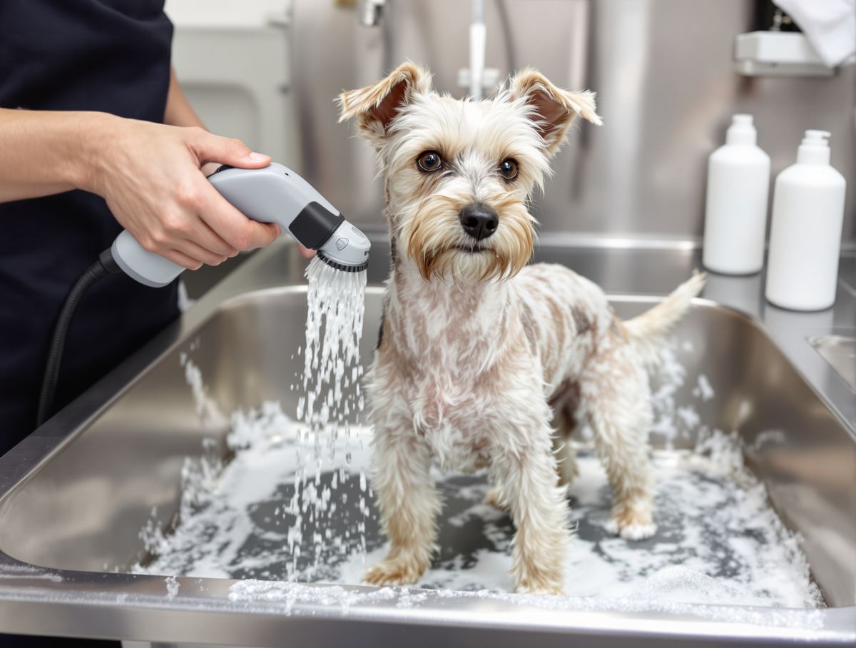 Small terrier standing in a stainless steel grooming sink being rinsed with a handheld sprayer