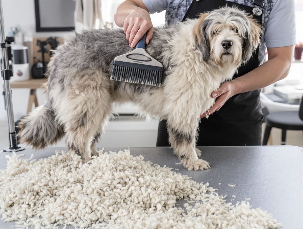 Double-coated herding dog being brushed with an undercoat rake, loose fur collecting on the table