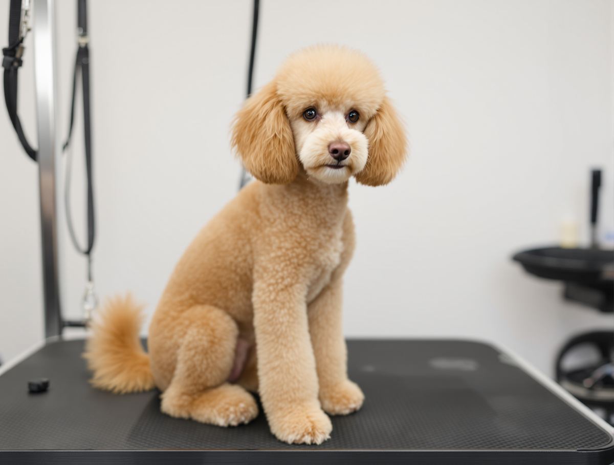 Freshly groomed apricot poodle on a grooming table after a full haircut in Cortez, Colorado