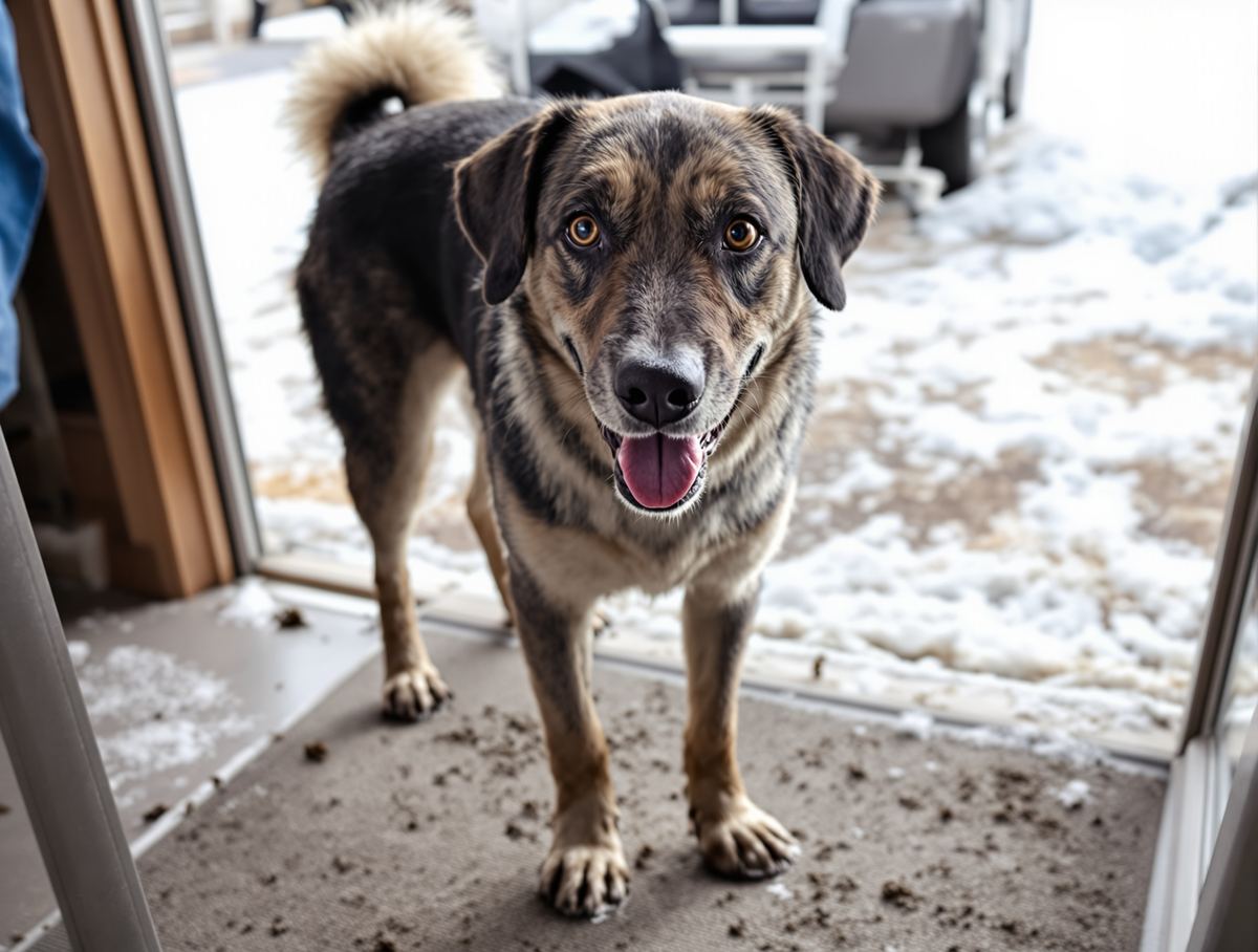 Muddy dog standing inside a grooming salon door after a hike in southwest Colorado