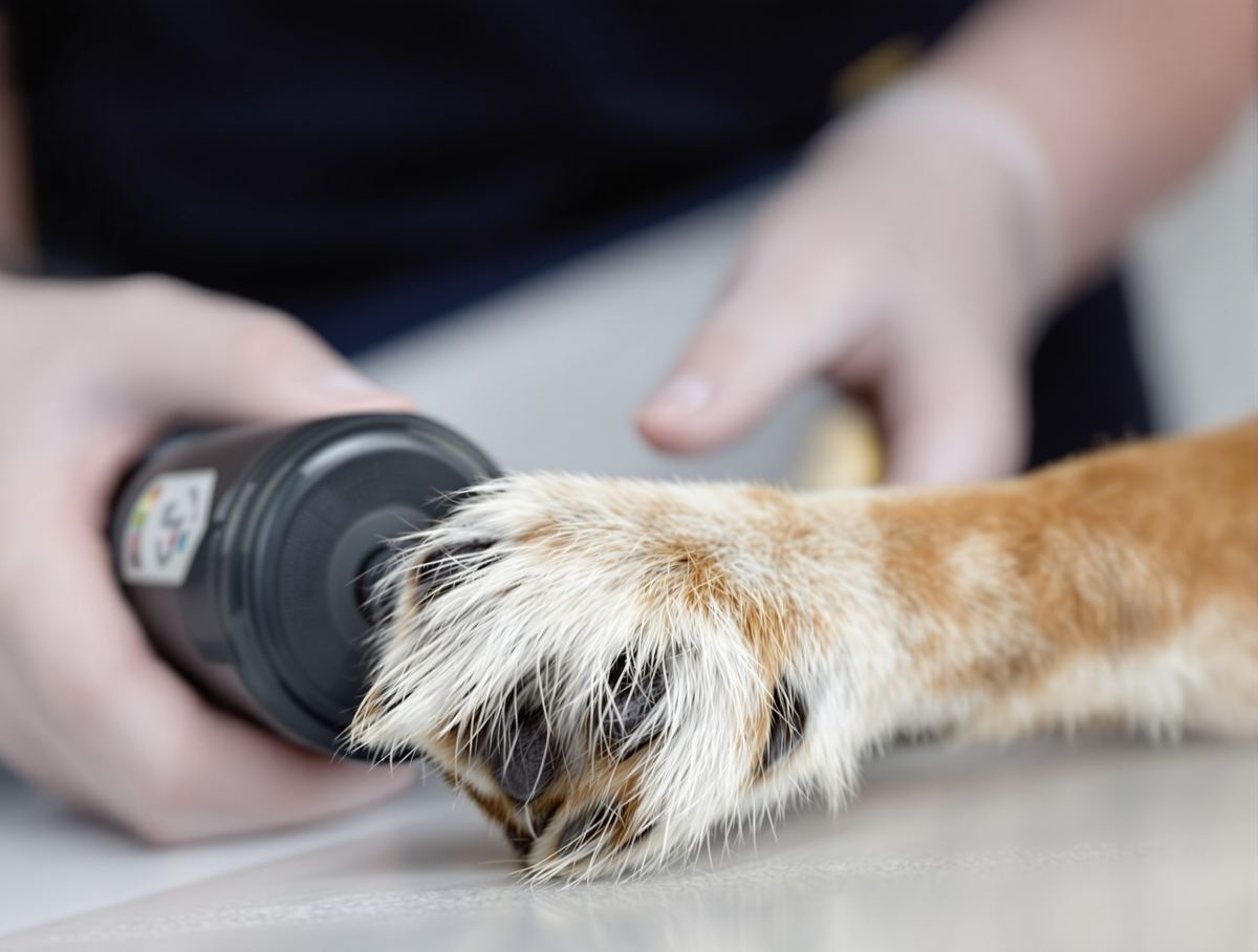Close-up of a dog's front paw having its nails shortened with a rotary nail grinder