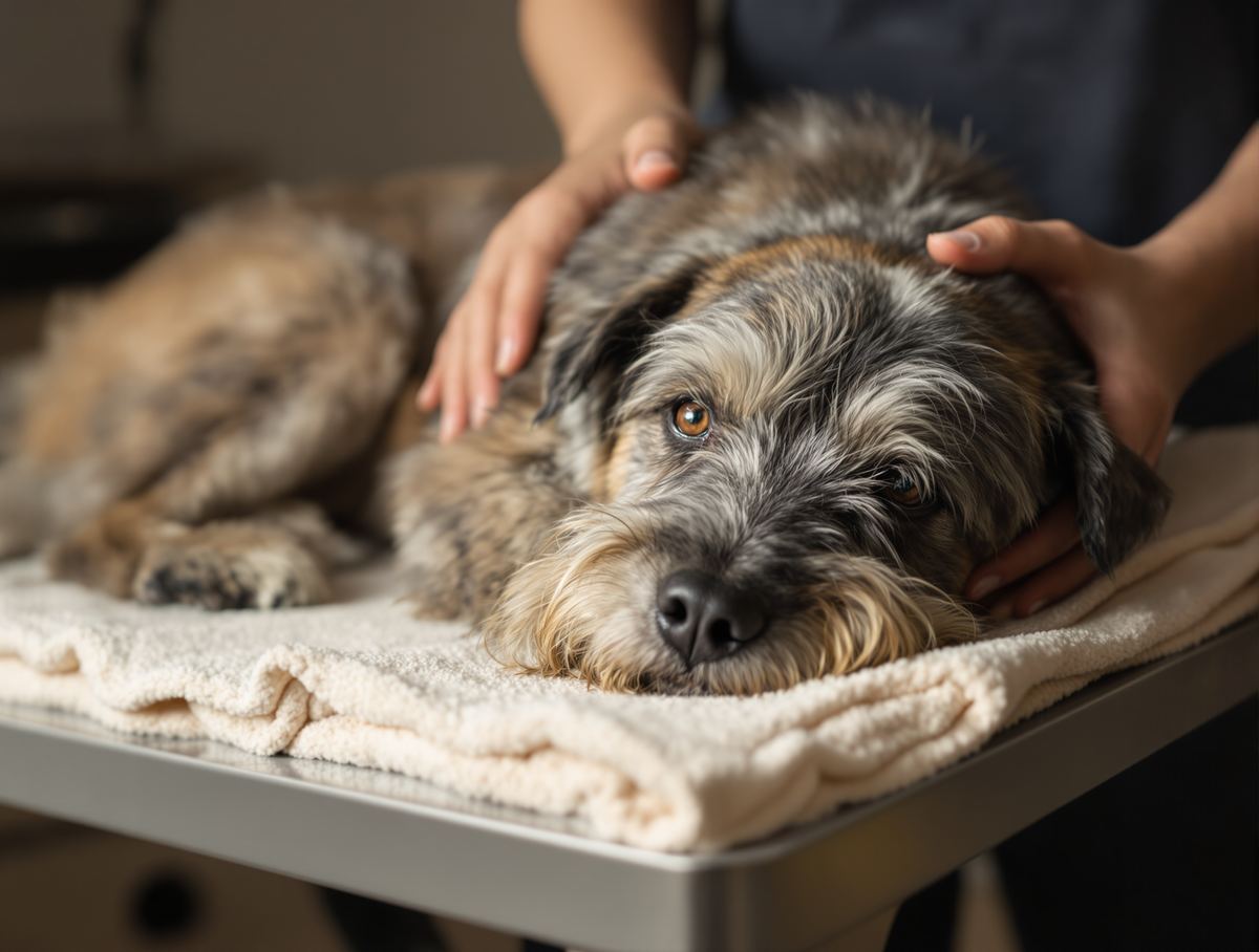 Older grey-muzzled dog resting calmly on a padded grooming table during a gentle senior groom